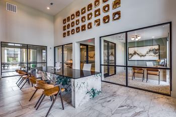 Business lounge with private coworking spaces